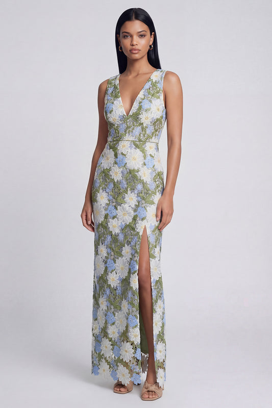 Green Maxi Sheath V-Neck Floral Wedding Guest Dress with Slit