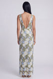 Green Maxi Sheath V-Neck Floral Wedding Guest Dress with Slit
