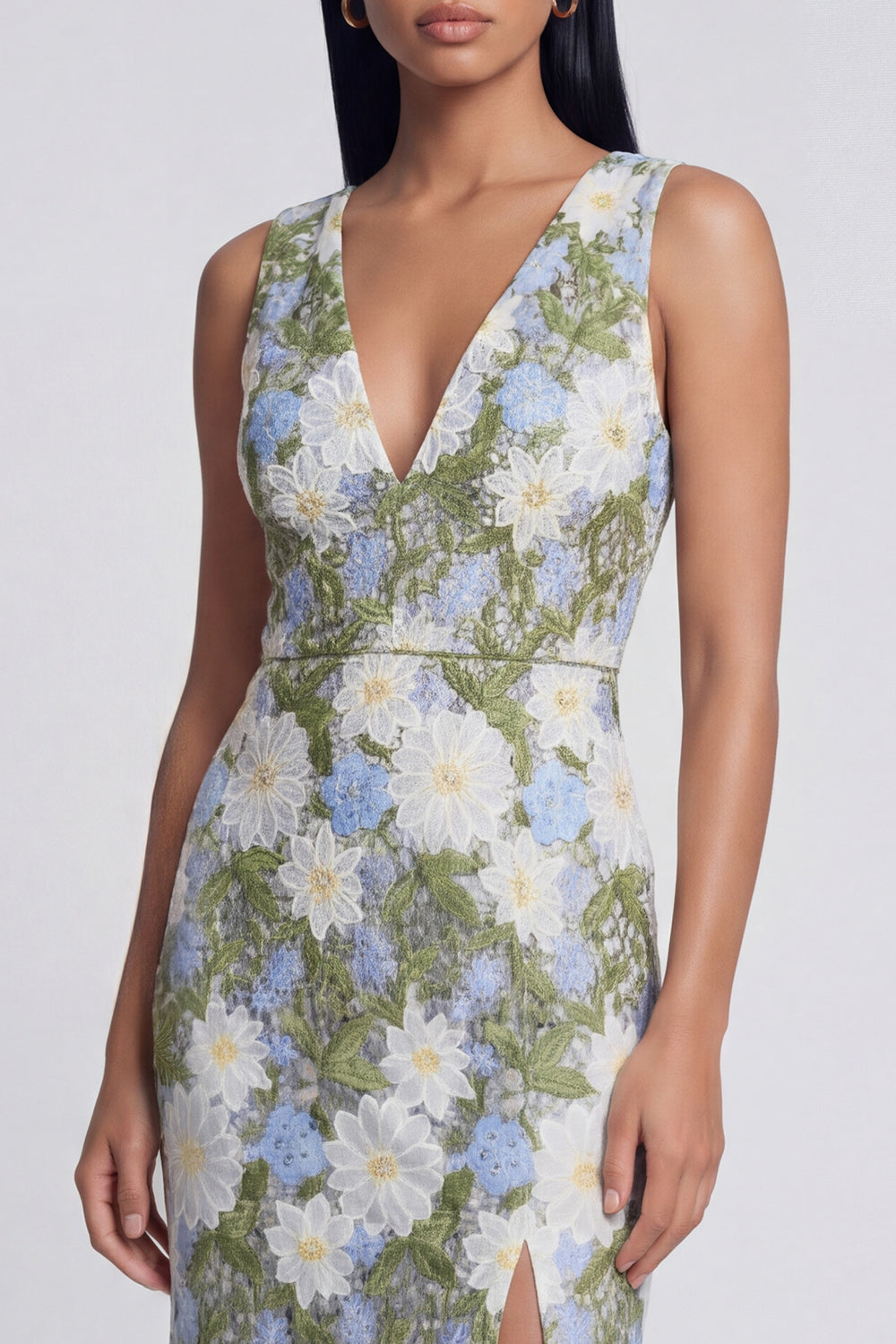 Green Maxi Sheath V-Neck Floral Wedding Guest Dress with Slit