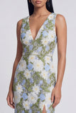 Green Maxi Sheath V-Neck Floral Wedding Guest Dress with Slit