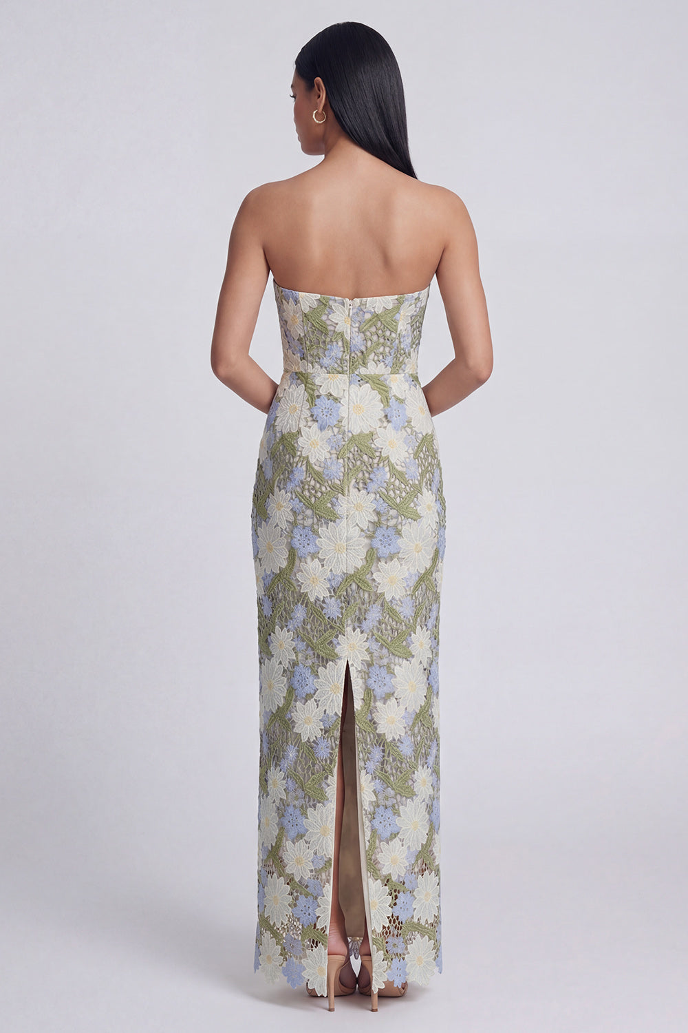 Green Maxi Sheath Floral Strapless Wedding Guest Dress