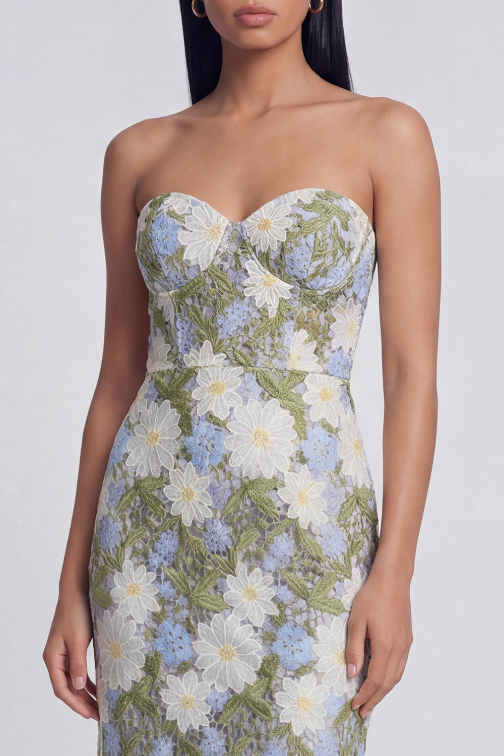 Green Maxi Sheath Floral Strapless Wedding Guest Dress