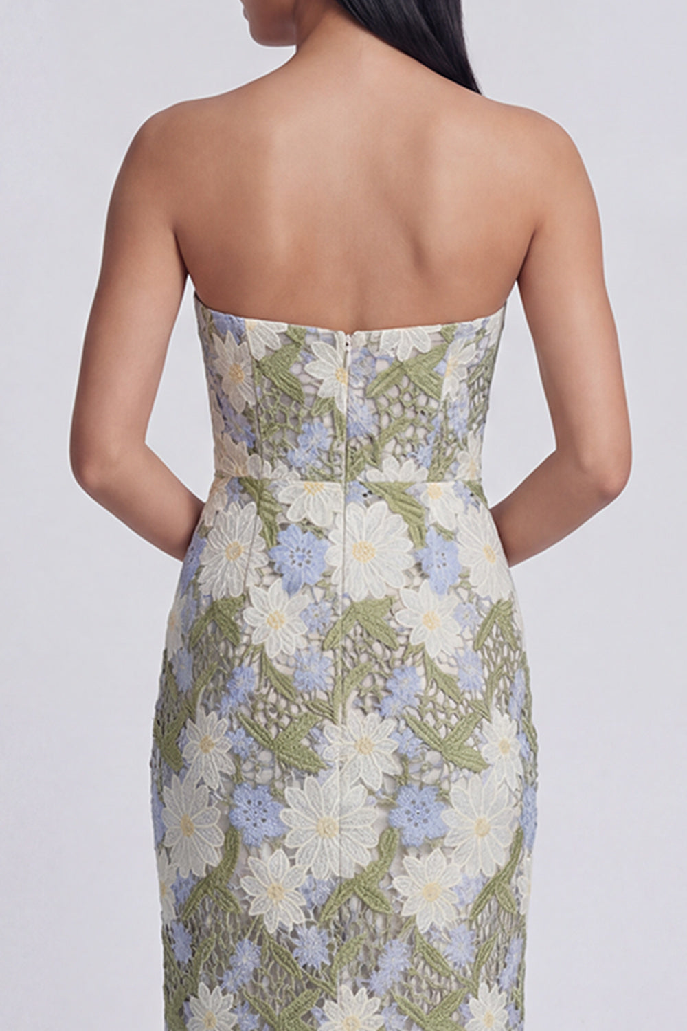 Green Maxi Sheath Floral Strapless Wedding Guest Dress