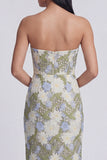 Green Maxi Sheath Floral Strapless Wedding Guest Dress