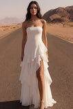 Ivory Strapless A Line Maxi Beach Wedding Dress with Ruffles