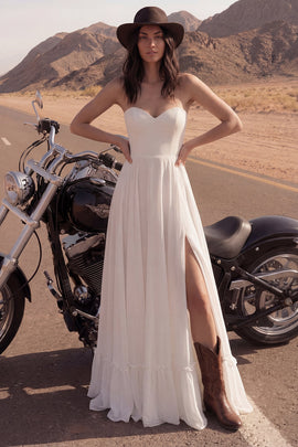 Ivory Maxi Strapless A Line Beach Wedding Dress with Slit