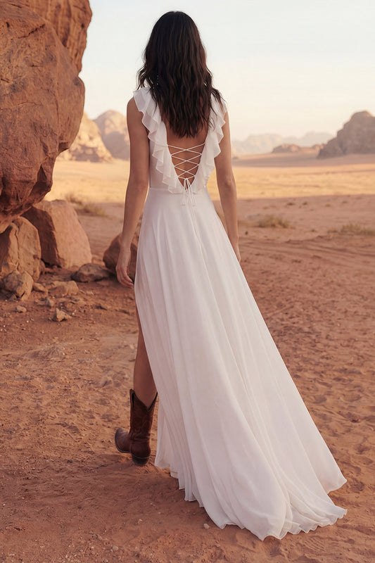A Line Ivory Maxi V-Neck Ruffled Beach Wedding Dress with Slit