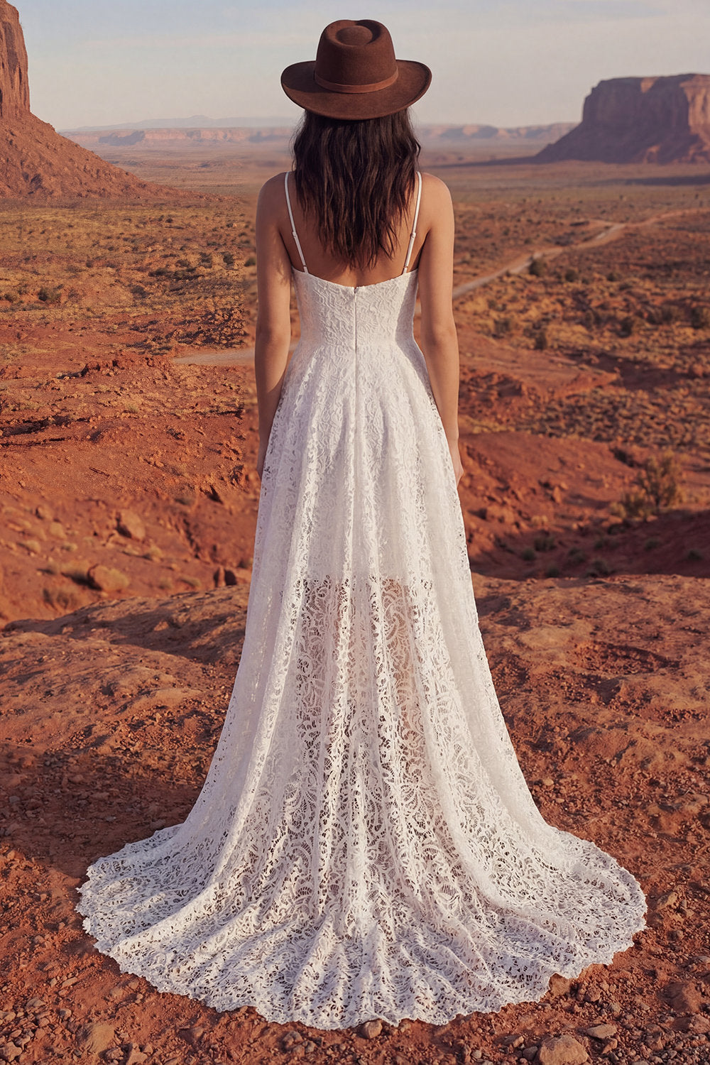 Ivory High Low A Line Floral Lace Spaghetti Straps Boho Wedding Dress