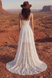 Ivory High Low A Line Floral Lace Spaghetti Straps Boho Wedding Dress