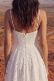 Ivory High Low A Line Floral Lace Spaghetti Straps Boho Wedding Dress