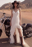 Ivory A Line High-Low Spaghetti Straps Beach Wedding Dress with Ruffles