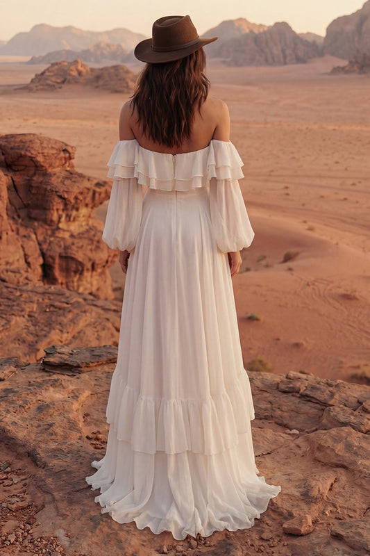 Maxi A Line Ivory Beach Wedding Dress with Ruffles