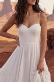 Ivory Maxi A Line Spaghetti Straps Beach Wedding Dress with Ruffles