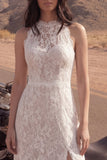 Sheath Floral Ivory Lace Maxi Boho Wedding Dress with Slit