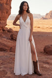 A Line Maxi Ivory Halter Backless Beach Wedding Dress with Slit