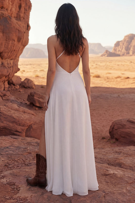 A Line Maxi Ivory Halter Backless Beach Wedding Dress with Slit