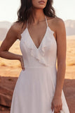 A Line Maxi Ivory Halter Backless Beach Wedding Dress with Slit