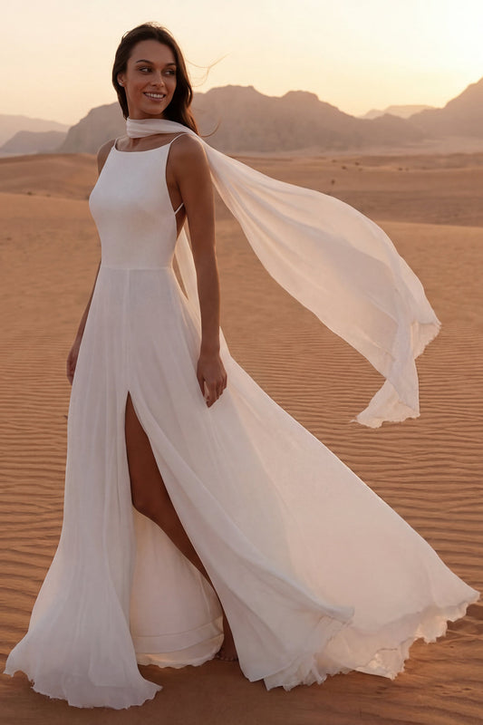 Maxi Ivory Neck Scarf A Line Beach Wedding Dress with Slit