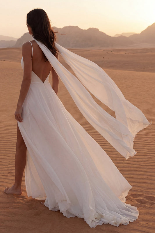 Maxi Ivory Neck Scarf A Line Beach Wedding Dress with Slit