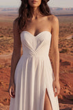 Simple Strapless Maxi A Line Ivory Beach Wedding Dress with Slit