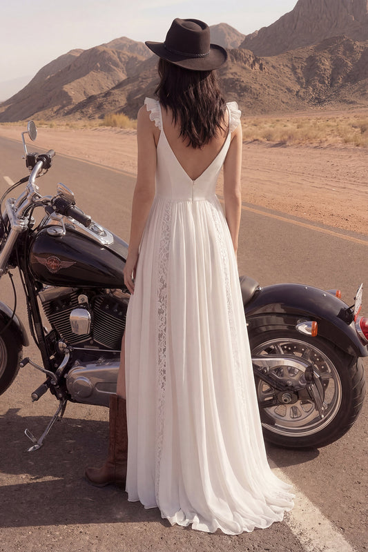 A Line V-Neck Ivory Lace Beach Wedding Dress with Slit