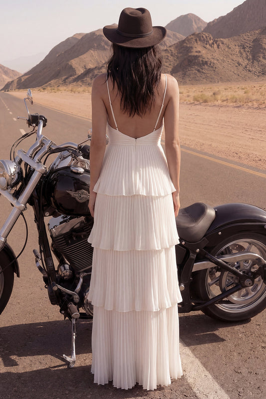 Maxi A Line Spaghetti Straps Ivory Pleated Beach Wedding Dress with Ruffles