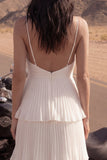 Maxi A Line Spaghetti Straps Ivory Pleated Beach Wedding Dress with Ruffles