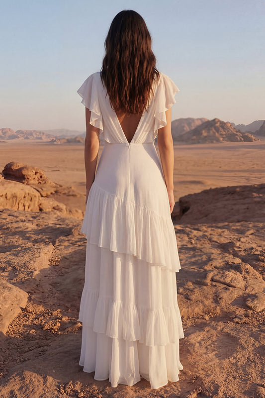 A Line Maxi Ivory V-Neck Beach Wedding Dress with Ruffles