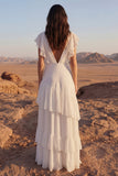 A Line Maxi Ivory V-Neck Beach Wedding Dress with Ruffles