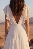 A Line Maxi Ivory V-Neck Beach Wedding Dress with Ruffles