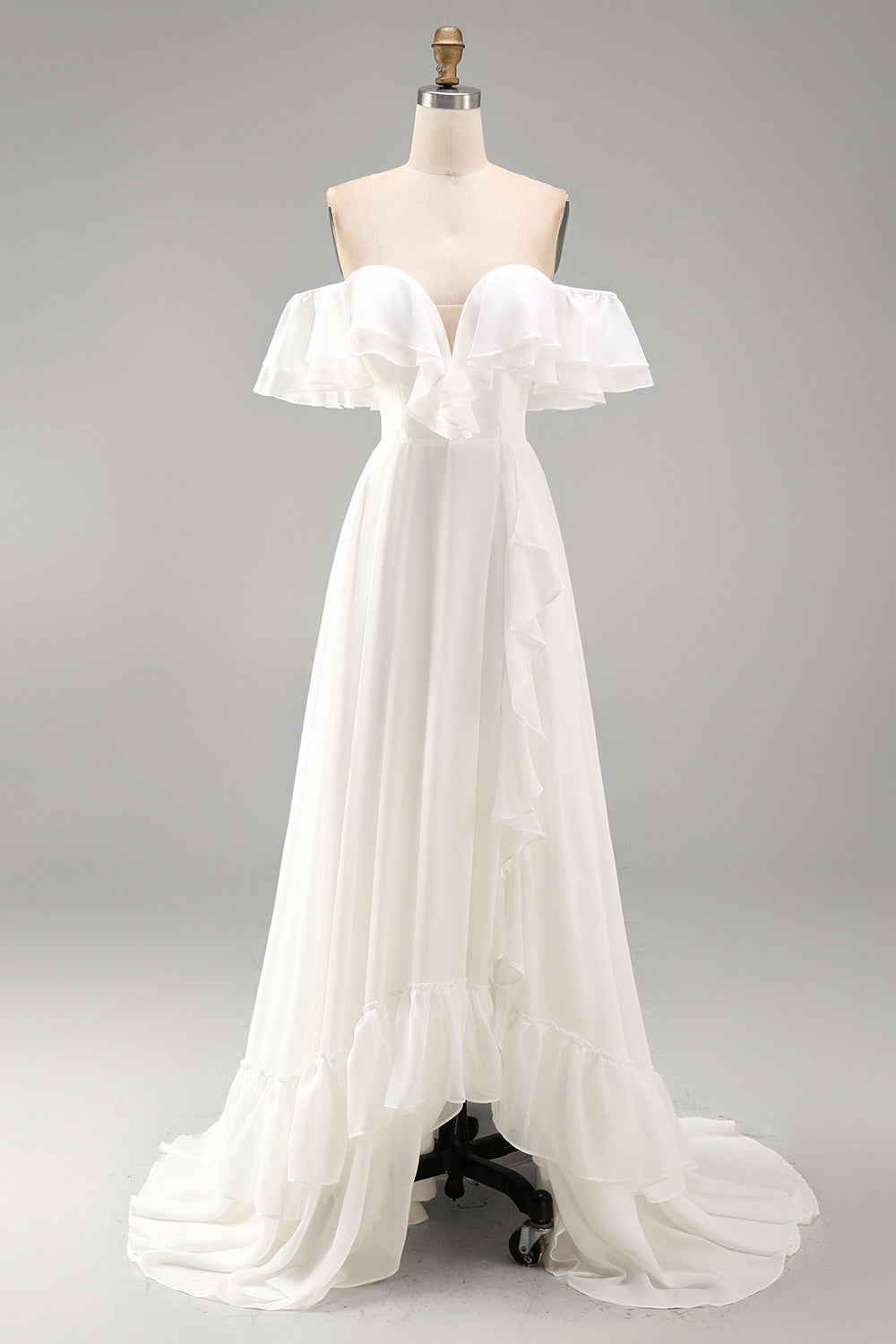 Ivory A Line Maxi Off the Shoulder Beach Wedding Dress with Ruffles