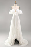 Ivory A Line Maxi Off the Shoulder Beach Wedding Dress with Ruffles