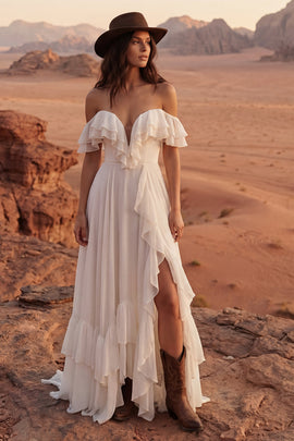 Ivory A Line Maxi Off the Shoulder Beach Wedding Dress with Ruffles