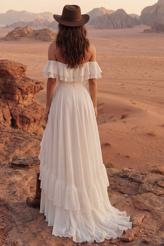 Ivory A Line Maxi Off the Shoulder Beach Wedding Dress with Ruffles