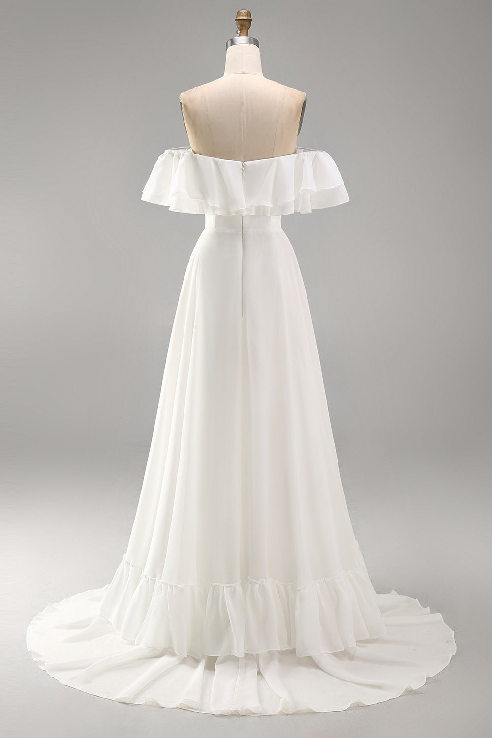 Ivory A Line Maxi Off the Shoulder Beach Wedding Dress with Ruffles