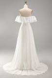 Ivory A Line Maxi Off the Shoulder Beach Wedding Dress with Ruffles