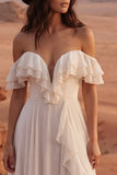Ivory A Line Maxi Off the Shoulder Beach Wedding Dress with Ruffles