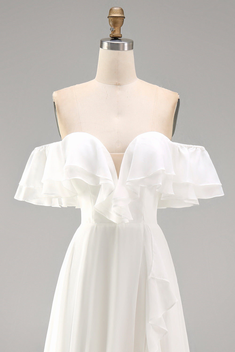 Ivory A Line Maxi Off the Shoulder Beach Wedding Dress with Ruffles