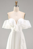 Ivory A Line Maxi Off the Shoulder Beach Wedding Dress with Ruffles