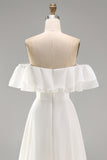 Ivory A Line Maxi Off the Shoulder Beach Wedding Dress with Ruffles