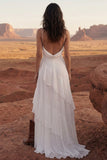 A Line Maxi Ivory Spaghetti Straps Beach Wedding Dress with Ruffles