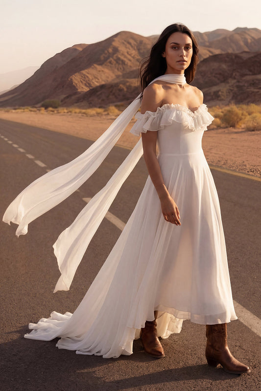 A Line Ivory Neck Scarf Ruffled Chiffon Beach Wedding Dress