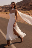 A Line Spaghetti Straps Ivory Maxi Beach Bridal Dress with Slit