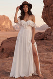 Simple A Line Ivory Maxi Beach Wedding Dress with Slit
