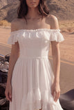 A Line High-Low Ivory Beach Wedding Dress with Ruffles