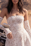 Floral Ivory Strapless A Line Short Lace Boho Wedding Dress