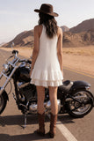 Simple Ivory Flare Short Pleated Beach Wedding Dress with Ruffles