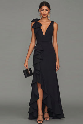 Black Long Formal Dress with Slit Ruffled V-Neck Satin Black Tie Dress with Bow
