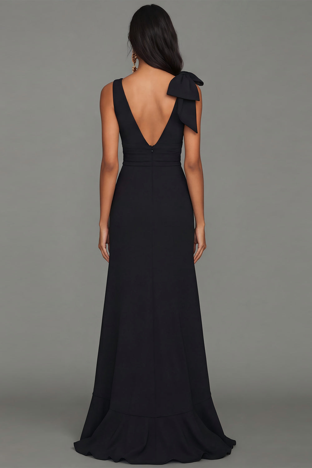 Zapakasa Women Black Long Formal Dress with Slit Ruffled V-Neck Satin