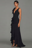 Black V-Neck Long Formal Dress with Ruffles